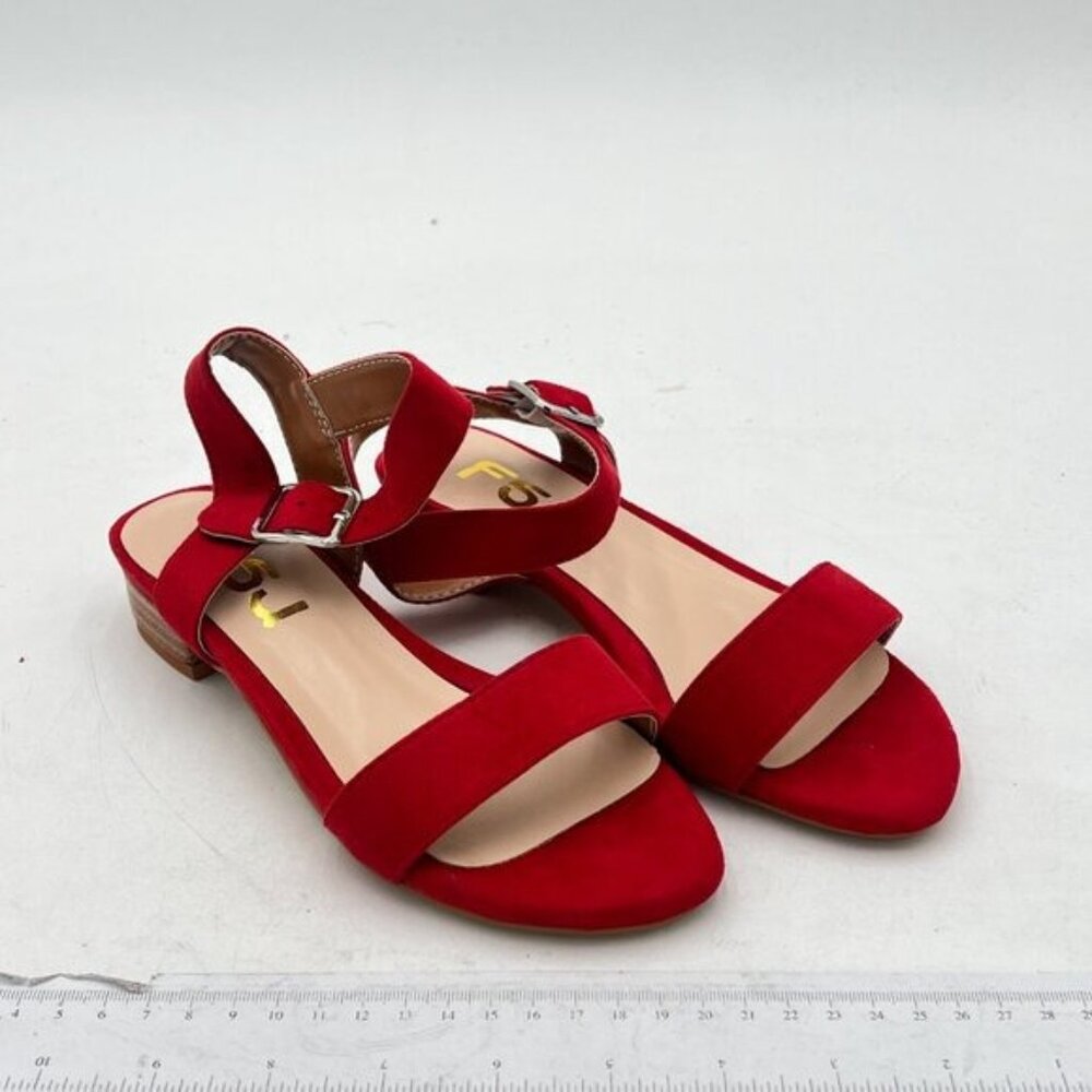 FSJ Red Suede Open Toe Block Low Heel Ankle Strap Sandals Comfort Summer Shoes - Picture 4 of 8